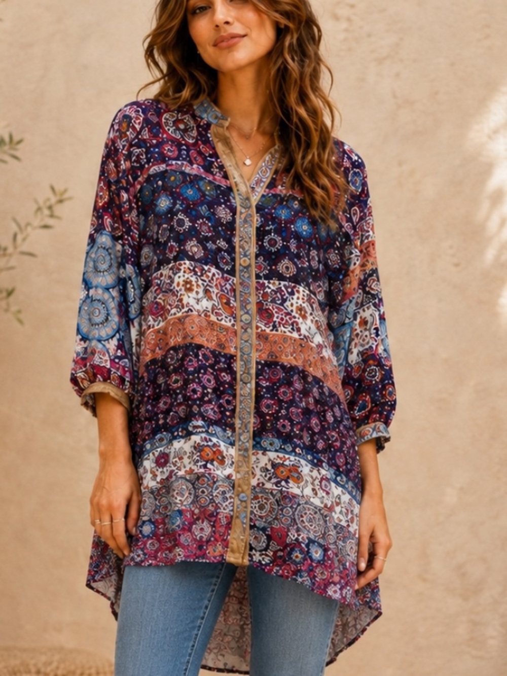 Boho Patchwork Print Tunic Top - Navy Multi